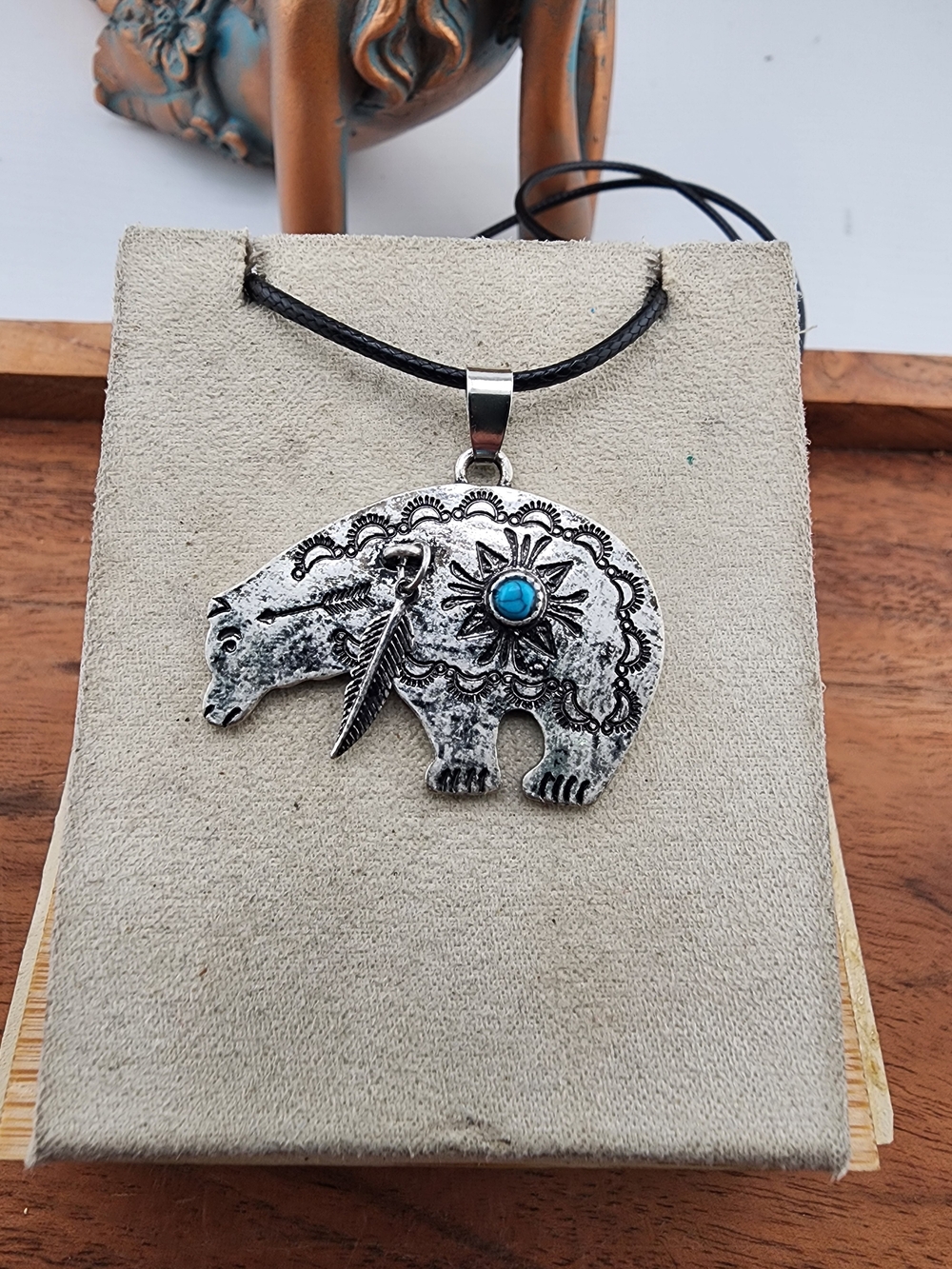 Silver-Tone Bear Pendant Necklace with Turquoise Accent on Black Cord